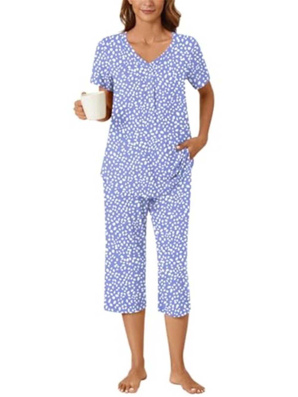 Bestbee Blue Floral Pajama Set V-Neck Top Capri Pants Lounge Set